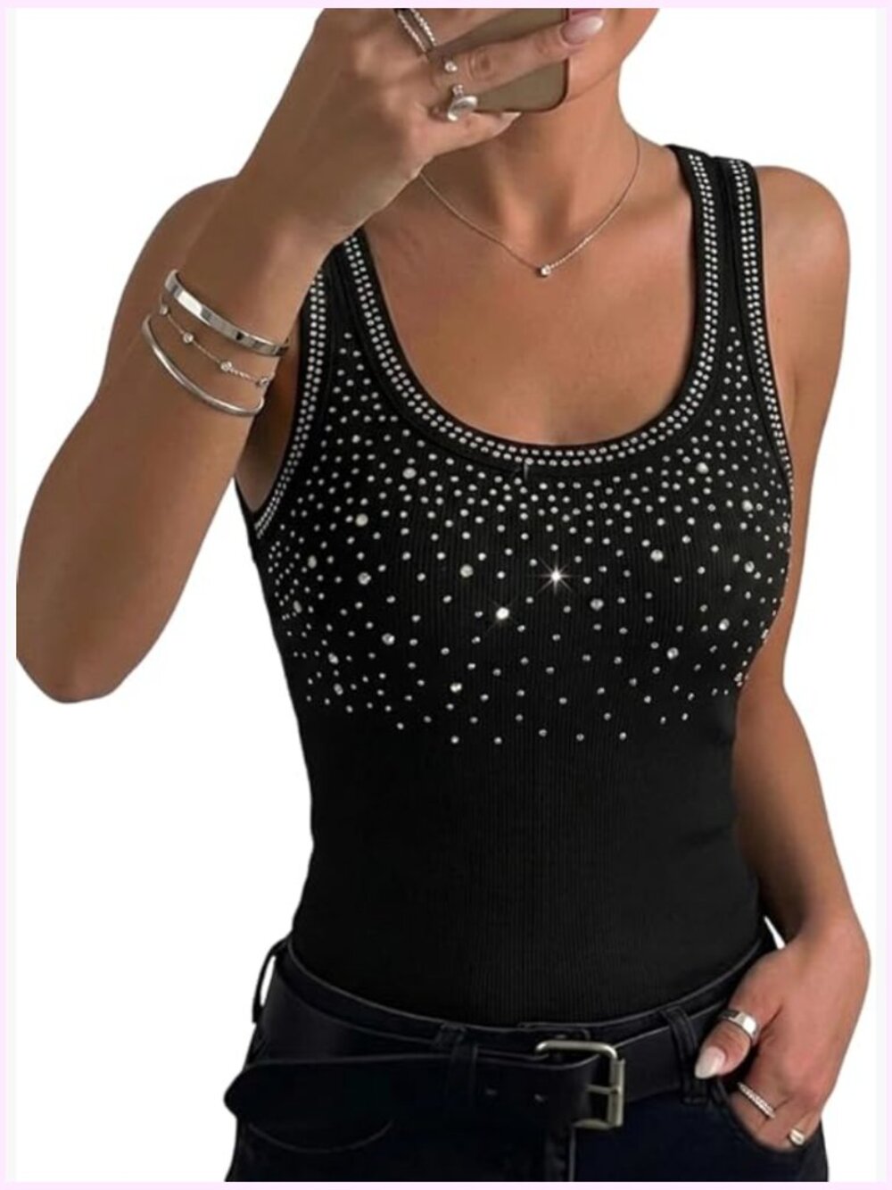 Rhinestone U Neck Tank Top - Ribbed Fitted Going Out Sleeveless Shirt